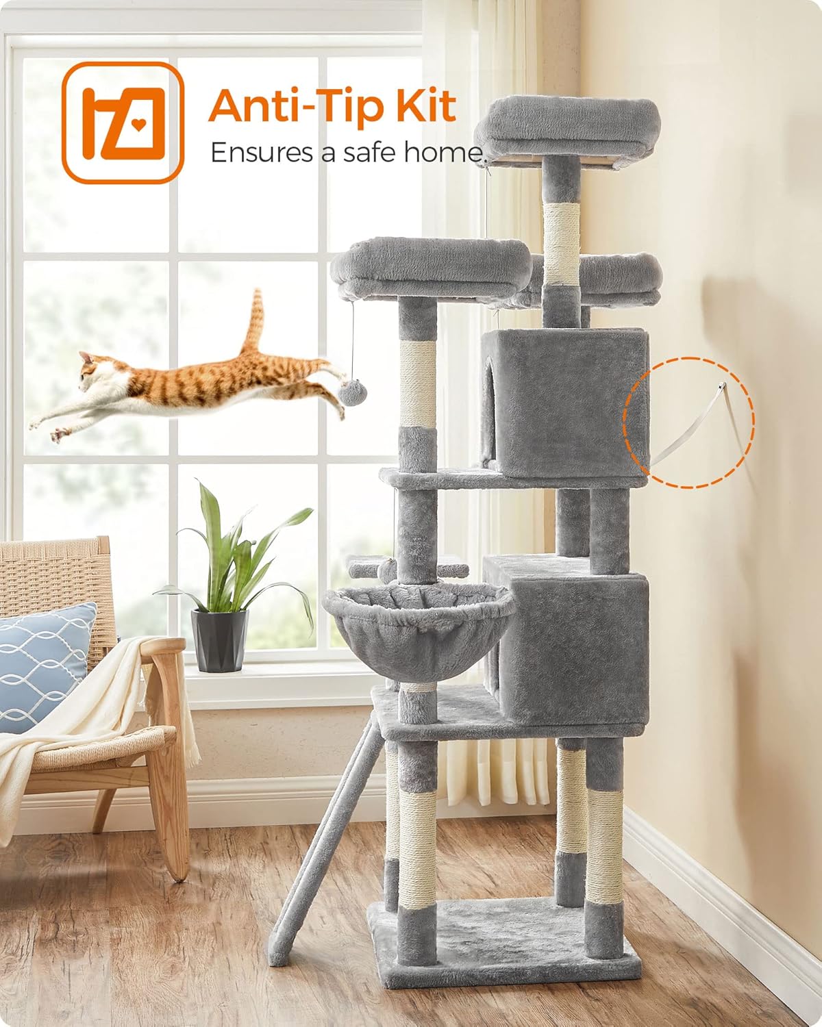 Large Cat Tree Tower with Scratching Posts, Caves, and Plush Perches - 66.5 Inches, Light Gray