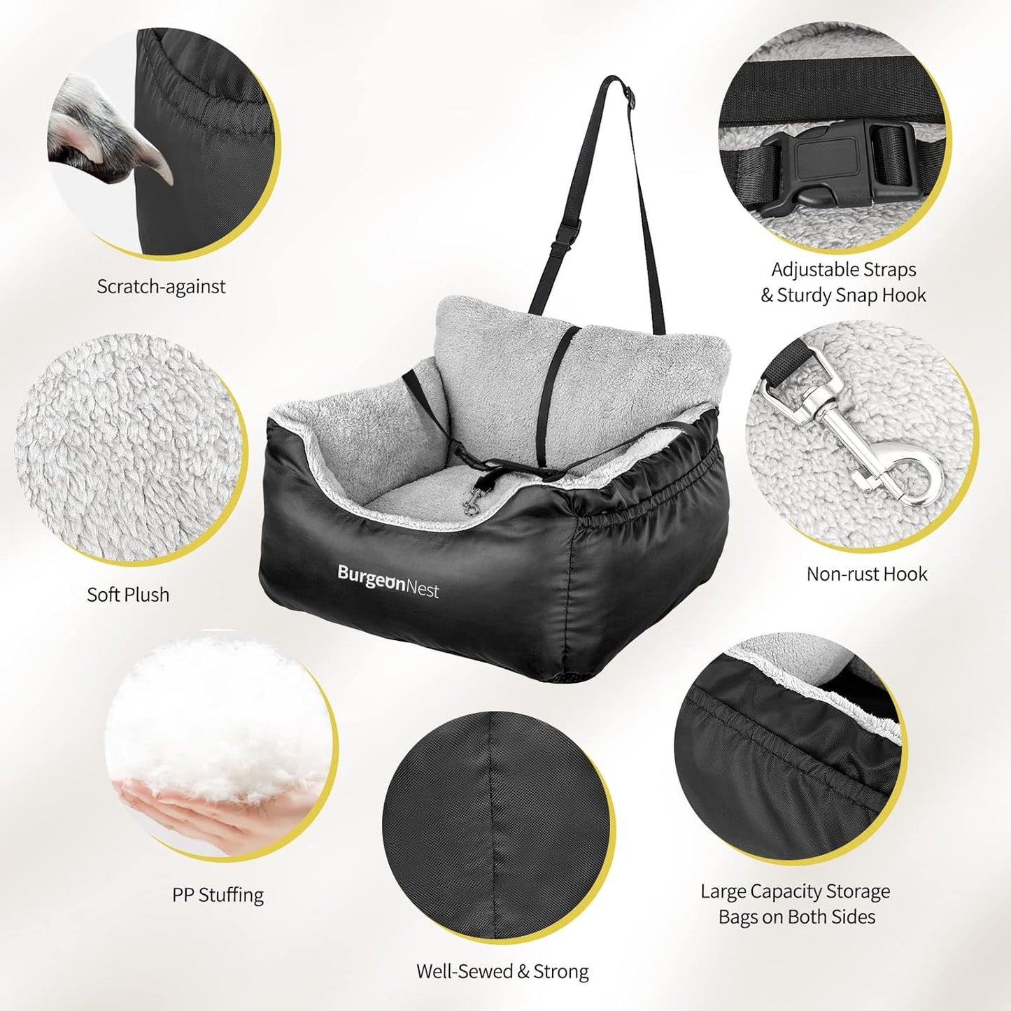 Premium Dog Car Seat for Small Breeds under 25 lbs - Soft, Detachable, and Washable Pet Travel Bed with Storage Pockets and Clip-On Leash, Portable Carrier in Black