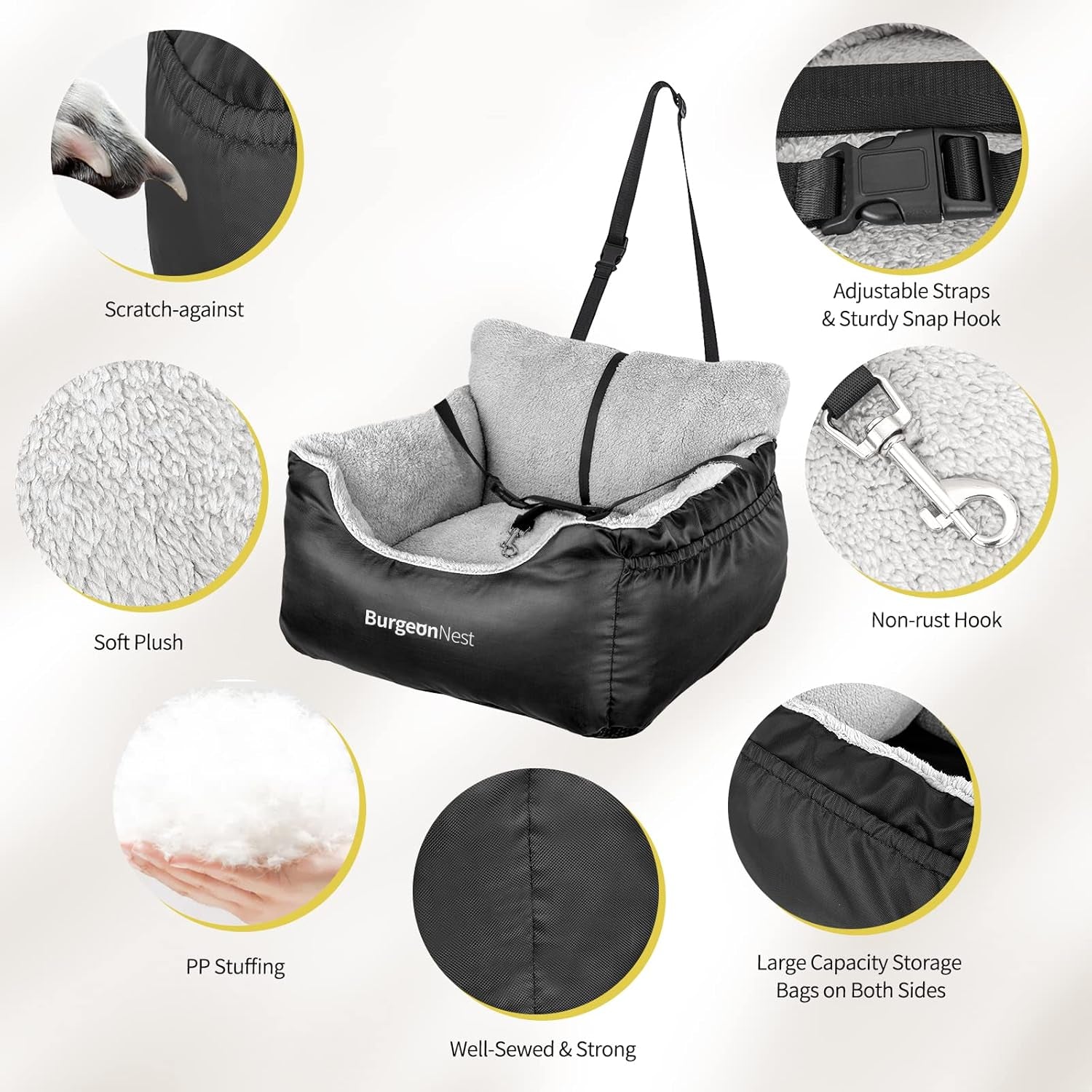 Premium Dog Car Seat for Small Breeds under 25 lbs - Soft, Detachable, and Washable Pet Travel Bed with Storage Pockets and Clip-On Leash, Portable Carrier in Black