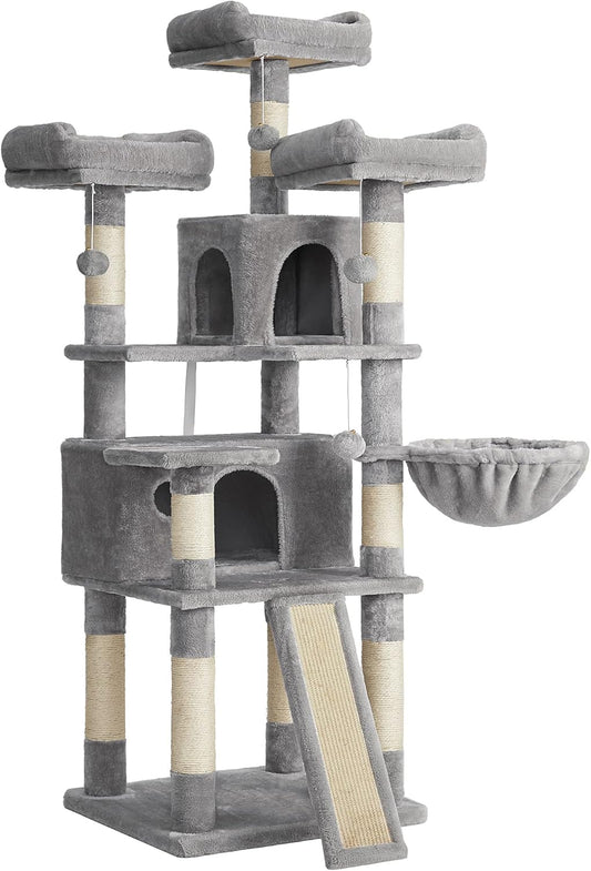 Large Cat Tree Tower with Scratching Posts, Caves, and Plush Perches - 66.5 Inches, Light Gray