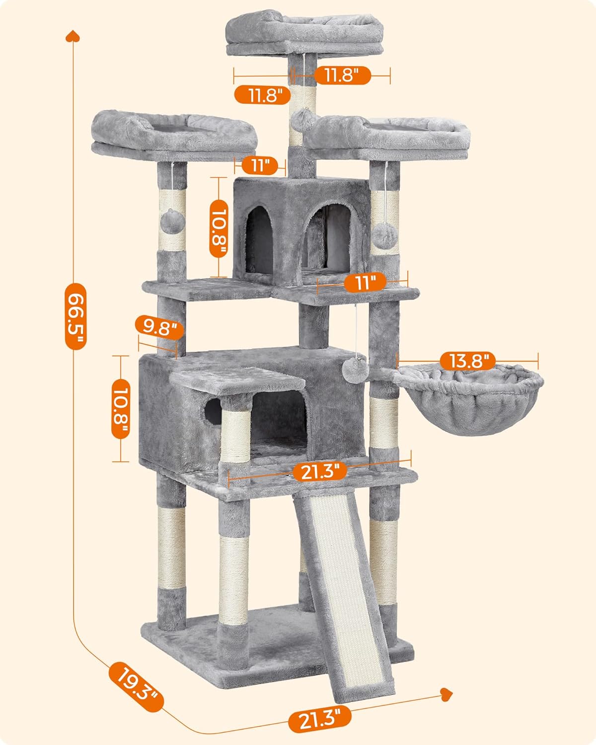 Large Cat Tree Tower with Scratching Posts, Caves, and Plush Perches - 66.5 Inches, Light Gray
