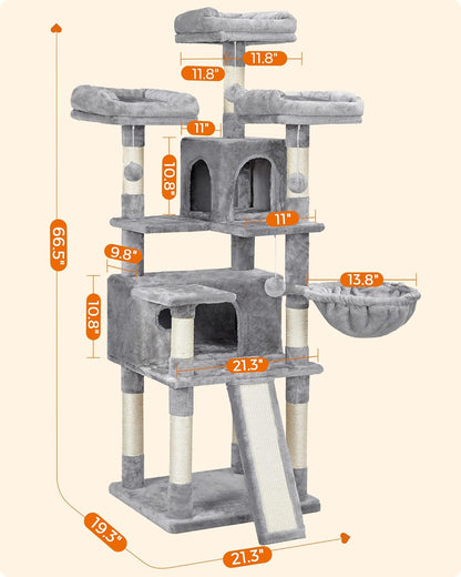 Large Cat Tree Tower with Scratching Posts, Caves, and Plush Perches - 66.5 Inches, Light Gray