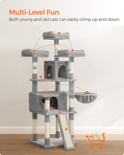 Large Cat Tree Tower with Scratching Posts, Caves, and Plush Perches - 66.5 Inches, Light Gray