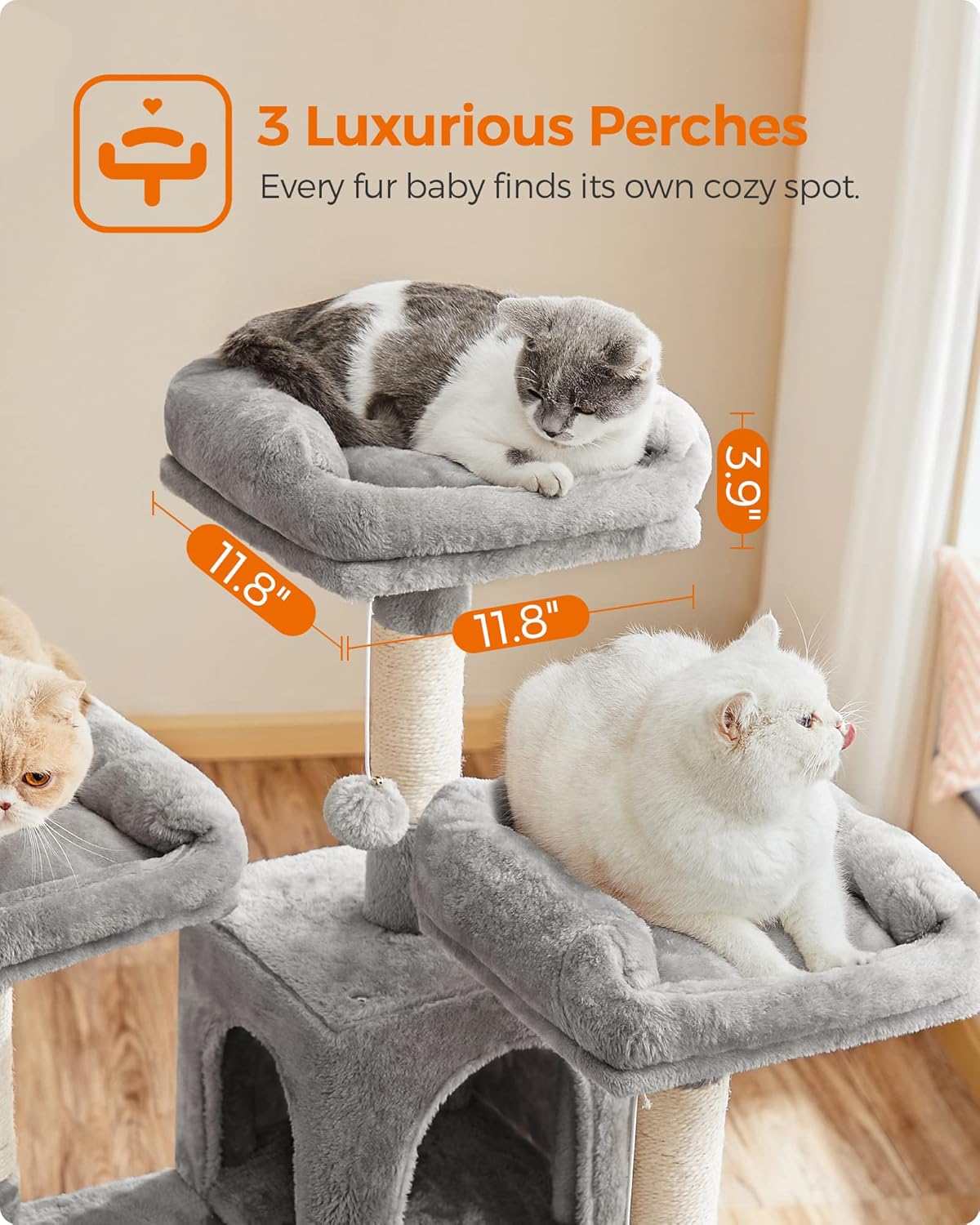 Large Cat Tree Tower with Scratching Posts, Caves, and Plush Perches - 66.5 Inches, Light Gray