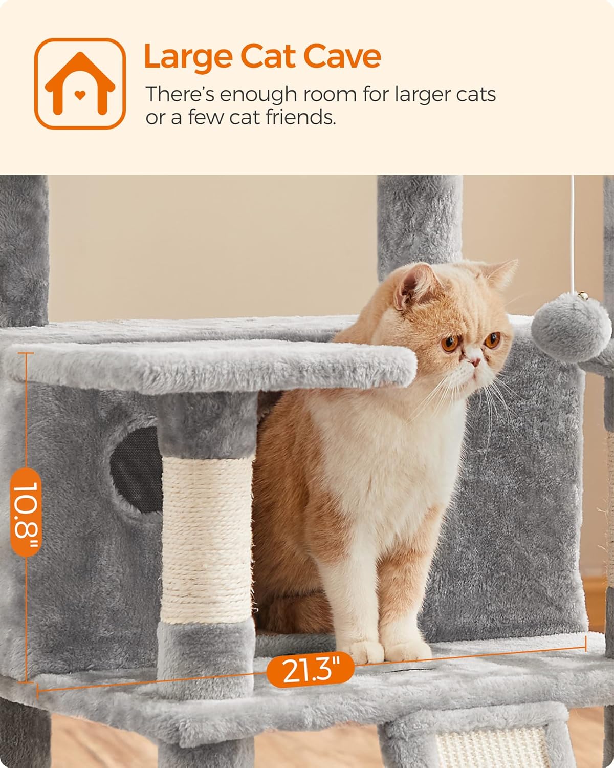 Large Cat Tree Tower with Scratching Posts, Caves, and Plush Perches - 66.5 Inches, Light Gray