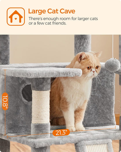 Large Cat Tree Tower with Scratching Posts, Caves, and Plush Perches - 66.5 Inches, Light Gray