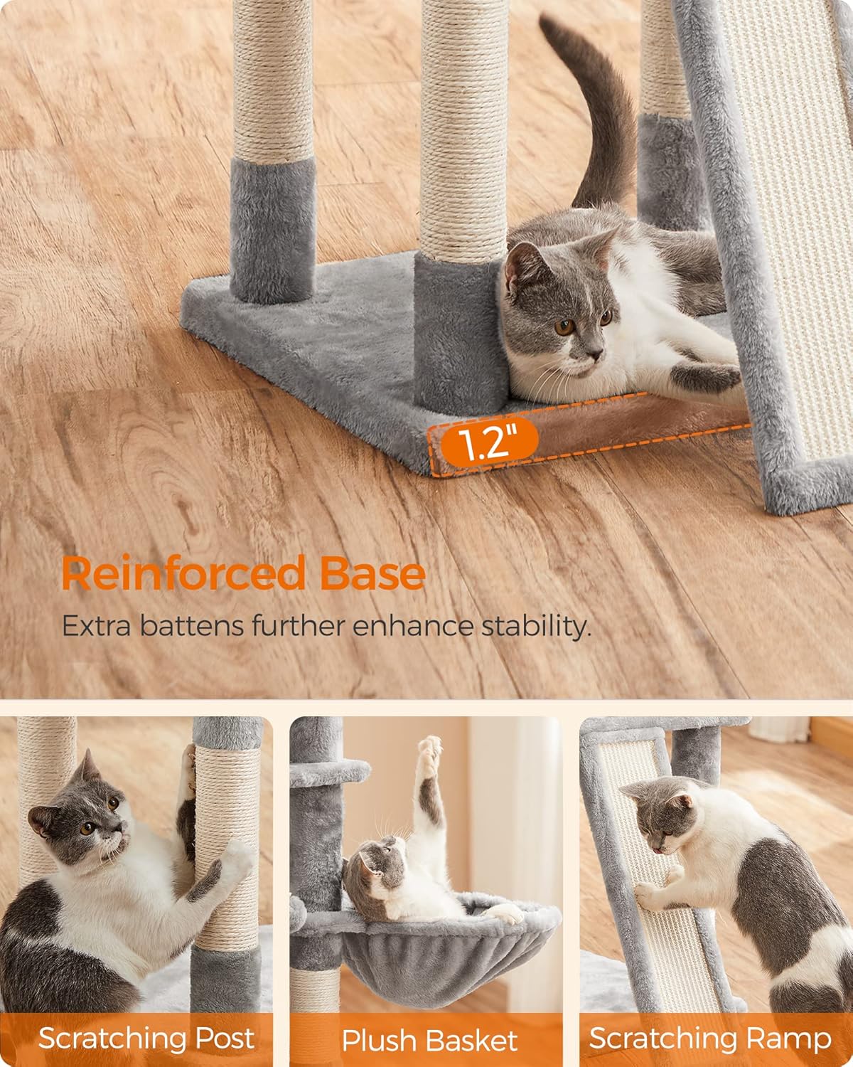 Large Cat Tree Tower with Scratching Posts, Caves, and Plush Perches - 66.5 Inches, Light Gray