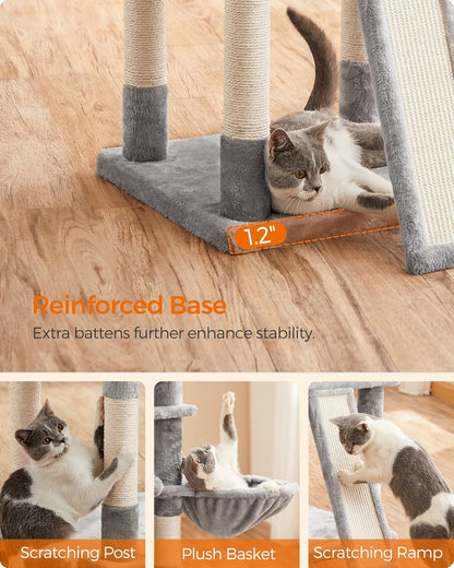 Large Cat Tree Tower with Scratching Posts, Caves, and Plush Perches - 66.5 Inches, Light Gray