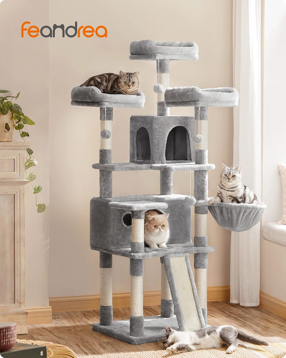 Large Cat Tree Tower with Scratching Posts, Caves, and Plush Perches - 66.5 Inches, Light Gray