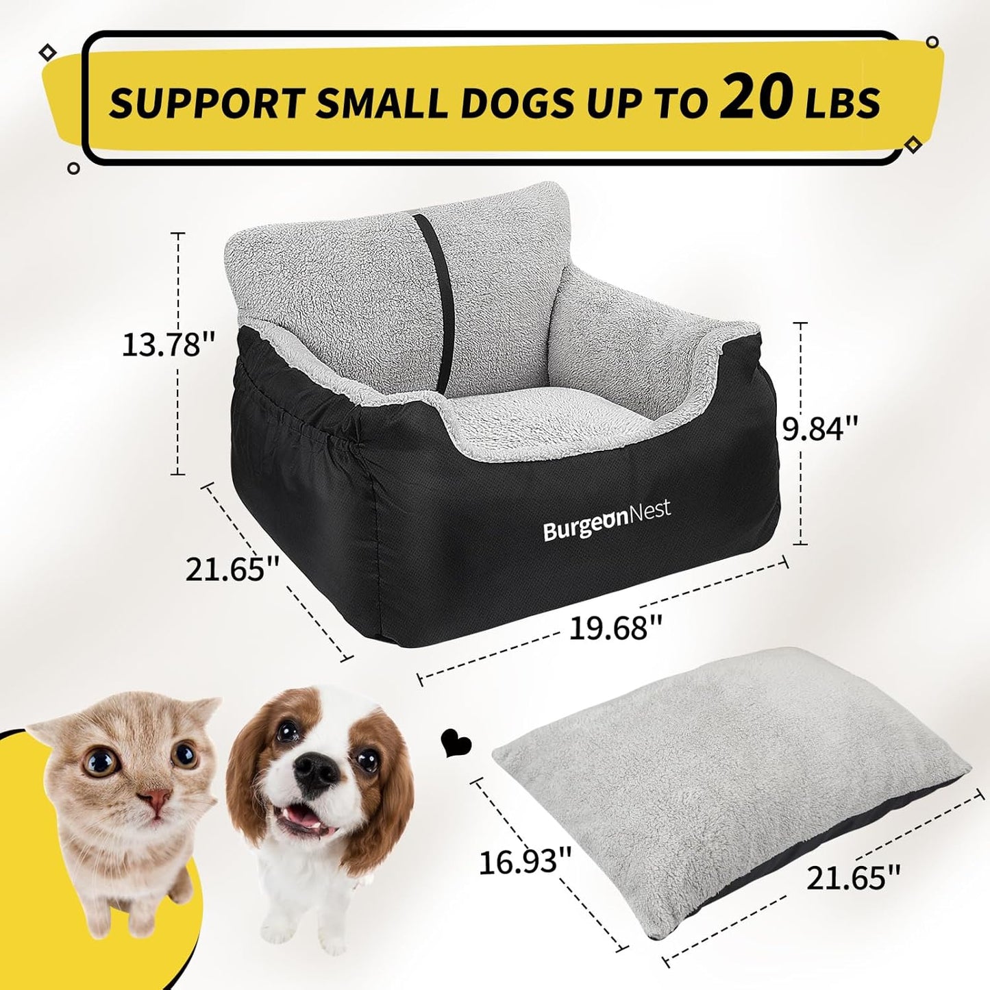 Premium Dog Car Seat for Small Breeds under 25 lbs - Soft, Detachable, and Washable Pet Travel Bed with Storage Pockets and Clip-On Leash, Portable Carrier in Black
