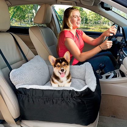 Premium Dog Car Seat for Small Breeds under 25 lbs - Soft, Detachable, and Washable Pet Travel Bed with Storage Pockets and Clip-On Leash, Portable Carrier in Black