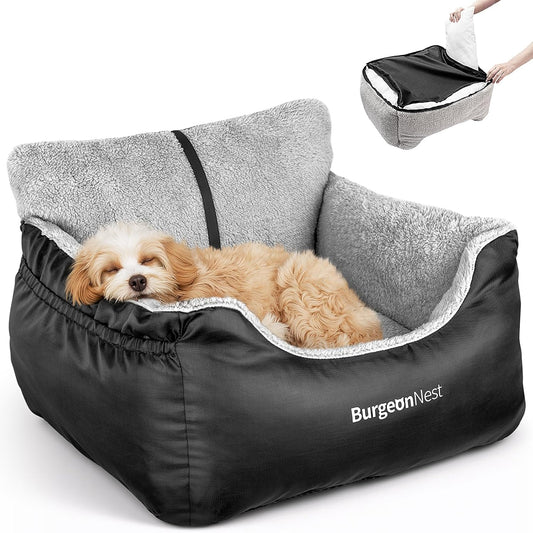 Premium Dog Car Seat for Small Breeds under 25 lbs - Soft, Detachable, and Washable Pet Travel Bed with Storage Pockets and Clip-On Leash, Portable Carrier in Black